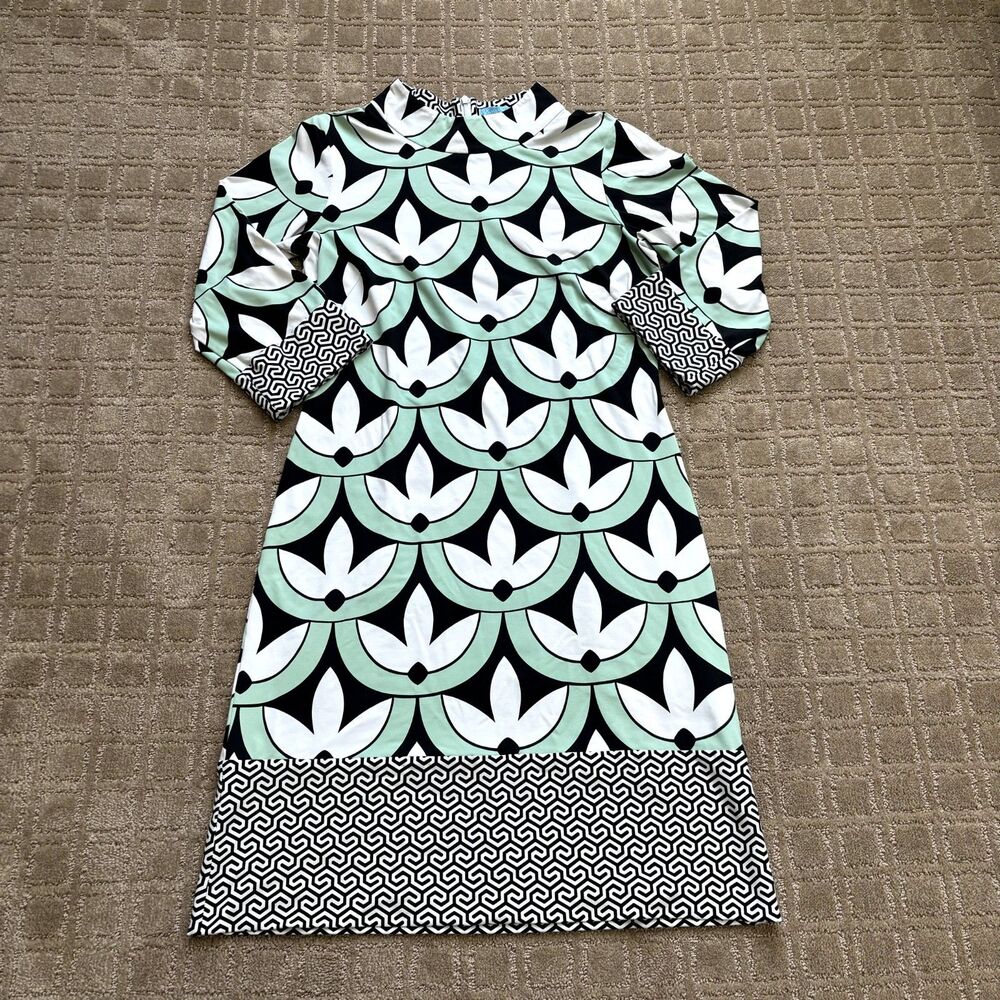 J. McLaughlin Sheath Dress Women's S Geometric 3/4 Sleeve Green Catalina Cloth